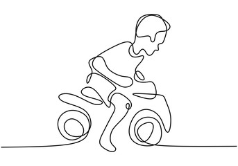 A boy playing with his motorbike toys. Happy playing with toys. Continuous one line. Vector illustration