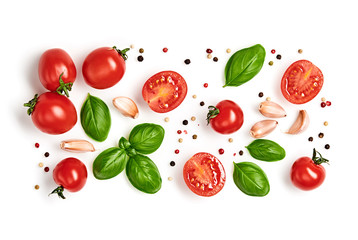 Tomato, basil, spices, pepper, garlic. Vegan diet food, creative cherry tomato composition isolated on white. Fresh basil, herb, tomatoes, cooking concept, top view. - obrazy, fototapety, plakaty