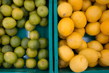 Limes and lemons on the counter in the store.