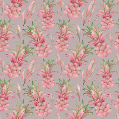 Watercolor seamless pattern with pink pineapple. Background with summer tropical exotic fruit for covers, children textile, wrapping, summer decoration