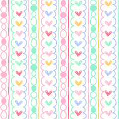 Seamless vector pattern with hearts and vertical strokes and stripes.