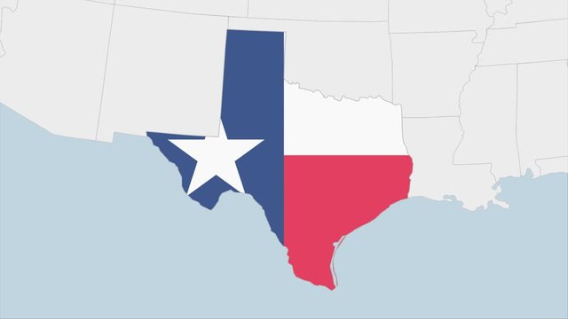 US State Texas map highlighted in Texas flag colors and pin of country capital Austin.