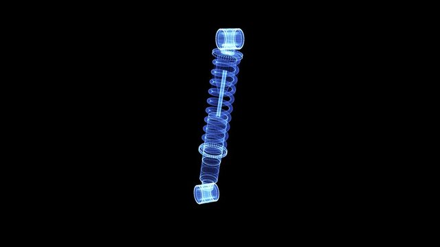 Hologram of a Car shock absorber. 3D animation of auto part car suspension on a black background with a seamless loop