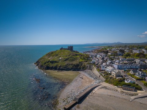 Aerial view of Criccieth Castle and LLyn Peninsula, Wales, UK