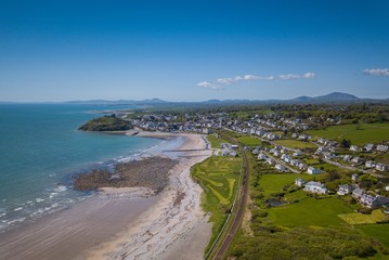 Aerial view of Criccieth Castle and LLyn Peninsula, Wales, UK