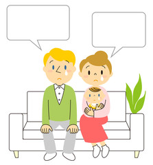 ソファーで泣いている3人家族 イラスト