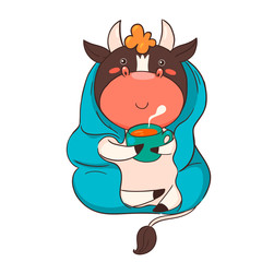 Cartoon character bull wrapped in a plaid drink tea isolate on a white background. Vector graphics.