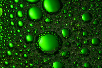 Abstract Green water bubbles background. Oil and  Water  . Texture foam close up