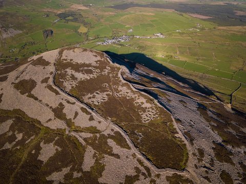 Aerial view of Garn Ganol in Yr Eifl Mountains with Iron Age Hillfort, Llyn Peninsula, Wales, UK