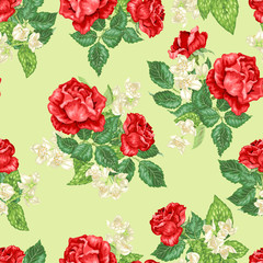 Rose and jasmine flowers in seamless pattern
