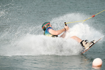 Naklejka premium Young athlete Of Thailand is practicing sportWater Board at the wake park canal 6 on October 7, 2018.