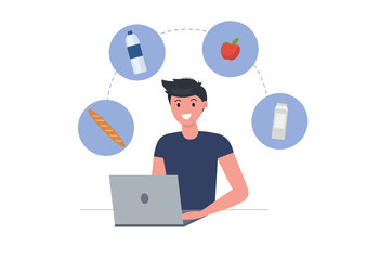Man with laptop ordering food delivery online. Flat vector illustration.
