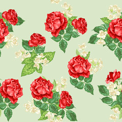 Rose and jasmine flowers in seamless pattern