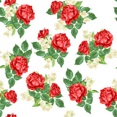 Rose and jasmine flowers in seamless pattern