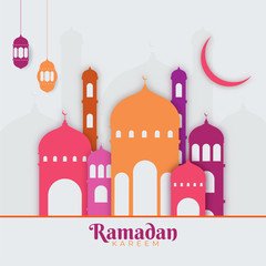 Islamic Holy Month of Ramadan Kareem Concept with Colorful Paper Mosque, Hanging Lanterns, and Crescent Moon on Grey Background.