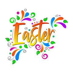 Obraz premium Happy Easter lettering card! Vector isolated illustration with colorful floral elements on white background