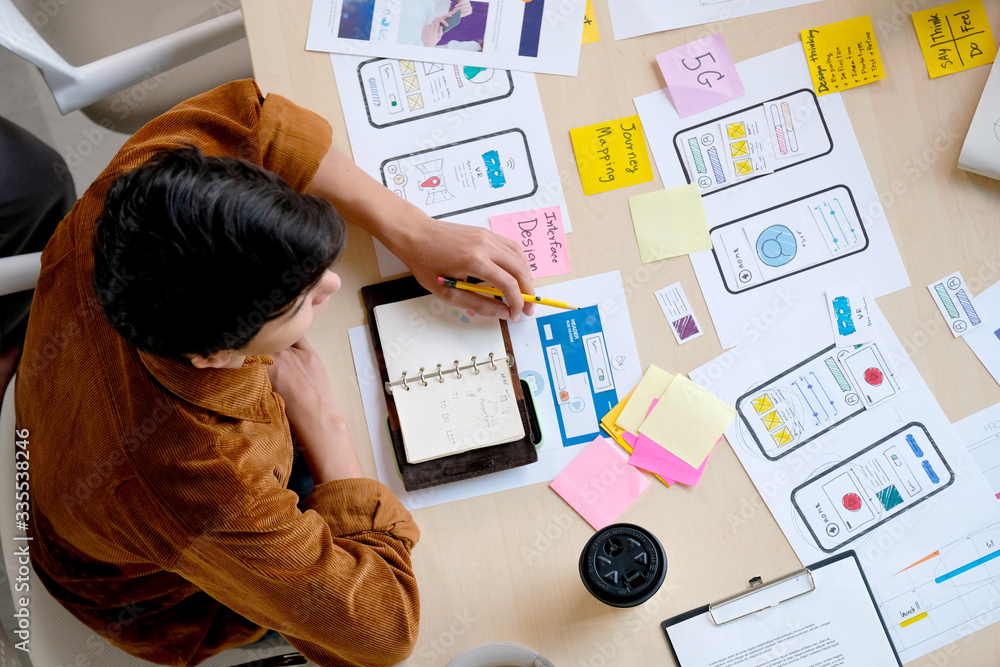 Wall mural website designer, creative man planning phone app development sketch template layout framework wiref
