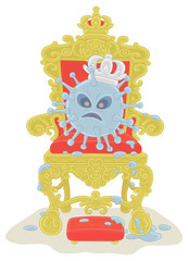 Malicious and contagious virus with a king crown on a throne of a sovereign ruler, vector cartoon illustration on a white background