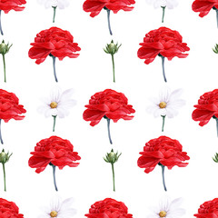 Obraz premium Watercolor seamless pattern with spring flowers, buds and twigs with leaves