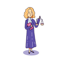 A cute girl or woman judge in the mantle stands and holds in his hands the scales of justice and a folder. Illustration for book, article, design and web. Concentration of justice.