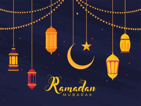 Islamic Holy Month of Ramadan Concept with Hanging Illuminating Lanterns, Moon, and Star on Blue Background.
