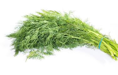 close up of dill green vegetable for healthy isolated on white background for text.
