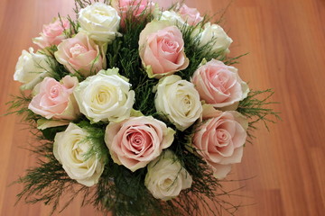 A bouquet of beautiful white and pink roses. Macro. Wallpaper