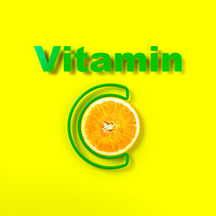 Creative spelling of vitamin C. The letter C with the image of an orange inside. Minimalism style. 3d illustration.