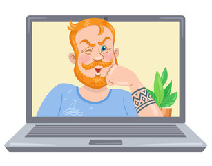 Brutal guy on a laptop screen. Video chat online. Internet communication during quarantine. In cartoon style. Vector illustration.