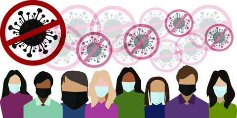 Group of people wearing medical masks to prevent disease, flu, air pollution, contaminated air, world pollution. Stock vector illustration in a flat style. Wuhan Novel coronavirus (2019-nCoV).Concept 