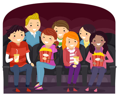 Teens Friends Watch Cinema Movie Illustration