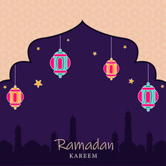 Islamic Holy Month of Ramadan Kareem with Hanging Colorful Lanterns and Mosque Silhouette on NIght Background.