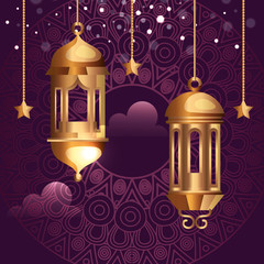 ramadan kareem poster with lanterns and stars hanging vector illustration design