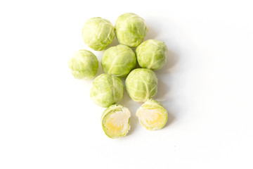 close up of brussels cabbage sprouts green vegetables very famous in Brussels, isolated on white background with copy space for text.
