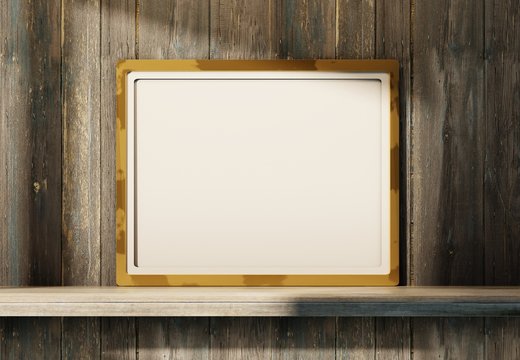 A horizontal blank frame on a shelf on a wooden wall. Template for photos and lettering. 3D rendering.