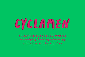 Paintbrush original 3d alphabet cyclamen flower pink colors on green background for modern design. Uppercase and lowercase letters, numbers. Vector illustration