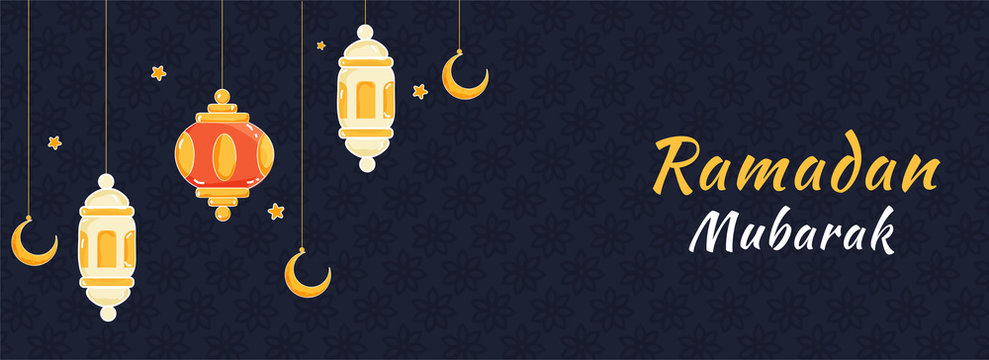 Islamic Holy Month Of Ramadan Mubarak Banner With Hanging Colorful Lanterns, Golden Crescent Moon On Blue Textured Background.