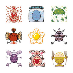Set of Easter design elements, eggs, rabbit, chicken, drawing, 