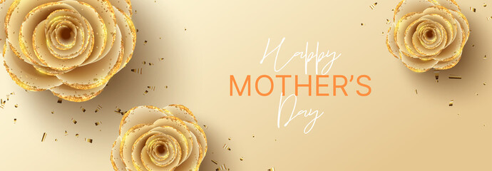 Fototapeta Happy Mother's Day horizontal banner. Holiday greeting card with realistic 3d gentle flowers with golden sand. Vector illustration with paper roses and gold confetti. obraz
