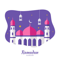 Islamic Holy Month of Ramadan Kareem with Beautiful Paper Mosque, Hanging Lanterns on Purple and White Background.