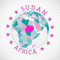 Sudan round logo. Badge of country with map of Sudan in world context. Country sticker stamp with globe map and round text. Superb vector illustration.