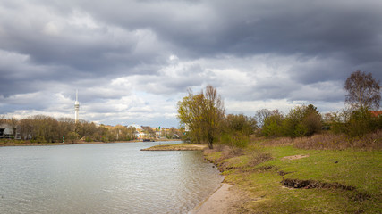 Skyline Arnhem and Rhine river view from Floodplain nature park Meinerswijk on southbank of river Rhine in Gelderland, Netherlands