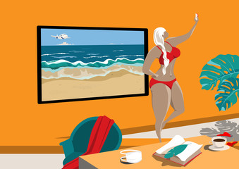 Girl takes a selfie in front of the TV on the background of a sea view. The dream of travel. Quarantine due to the COVID-19 coronavirus pandemic