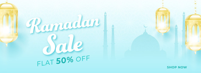 Islamic Holy Month of Ramadan Sale Banner with Illuminated Lanterns on Mosque Silhouette Background.