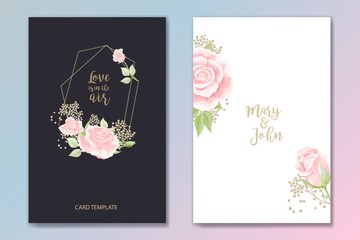 Set of two cards for wedding invitation, birthday greeting with rose flowers