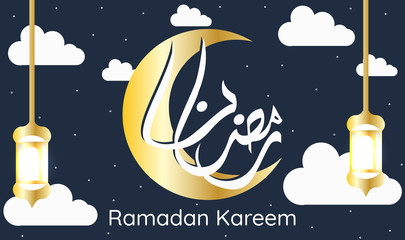 Fototapeta na wymiar Happy Ramadan Kareem banner, greeting card posters or invitations design with islamic lanterns, stars and moon on gold. Vector illustration.
