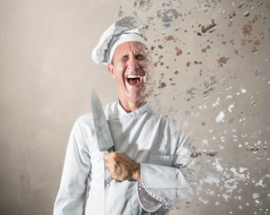Cook laughing with a knife in hand dissolve