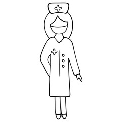 A nurse in a cap with a cross and a medical mask. Vector illustration. The medical worker is anonymous. Female doctor in a white coat. An employee of the hospital. Outline on an isolated background. D