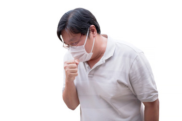 A young man sick , wearing a mask on the face for protection Prevent infection and viruses (COVID-19) with colors White background