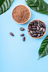 Cacao powder and whole cacao beans in wooden bowls with original fresh leaves on blue.